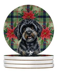 Black Havanese Christmas PoinsettIas Large Sandstone Coasters Pack of 4 Absorbent Round Coasters Decor Gifts for Men or Women, 4 in, Multicolor