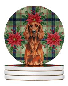 Irish Setter Christmas PoinsettIas Large Sandstone Coasters Pack of 4 Absorbent Round Coasters Decor Gifts for Men or Women, 4 in, Multicolor