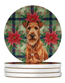 Irish Terrier Christmas PoinsettIas Large Sandstone Coasters Pack of 4 Absorbent Round Coasters Decor Gifts for Men or Women, 4 in, Multicolor