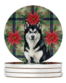 Black and White Alaskan Malamute Christmas PoinsettIas Large Sandstone Coasters Pack of 4 Absorbent Round Coasters Decor Gifts for Men or Women, 4 in