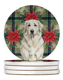 White Great Pyrenees Christmas PoinsettIas Large Sandstone Coasters Pack of 4 Absorbent Round Coasters Decor Gifts for Men or Women, 4 in, Multicolor