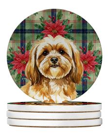 Gold Lhasa Apso Christmas PoinsettIas Large Sandstone Coasters Pack of 4 Absorbent Round Coasters Decor Gifts for Men or Women, 4 in, Multicolor
