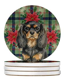 Black and Tan English Toy Spaniel Christmas PoinsettIas Large Sandstone Coasters Pack of 4 Absorbent Round Coasters Decor Gifts for Men or Women, 4 in