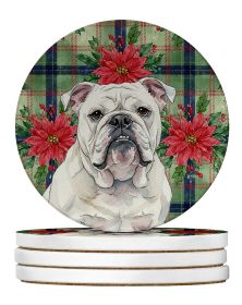 White English Bulldog Christmas PoinsettIas Large Sandstone Coasters Pack of 4 Absorbent Round Coasters Decor Gifts for Men or Women, 4 in, Multicolor