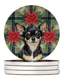 Black and Tan Chihuahua Christmas PoinsettIas Large Sandstone Coasters Pack of 4 Absorbent Round Coasters Decor Gifts for Men or Women, 4 in