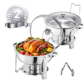 5 Qt 2 Pack Round Chafing Dish Buffet Set Full-Size Pan Stainless Steel Silver (Style: Silvery-Glass Lid, Set: 2 Pcs)
