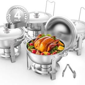 5 Qt 4 Pack Round Chafing Dish Buffet Set Full-Size Pan Stainless Steel Silver (Style: Silvery, Set: 4 Pcs)